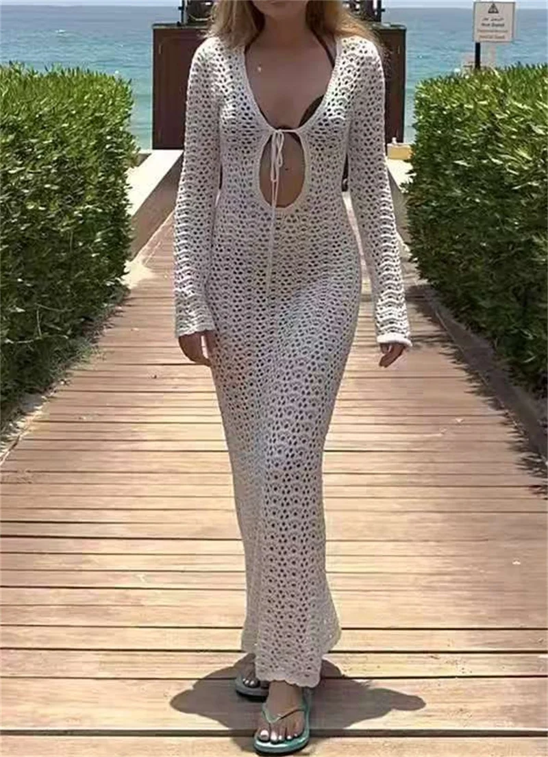 Women's Sexy Deep V Neck Long Sleeve Beach Knit Dress Summer Hollow Out Crocheted Swimsuit Knit Bikini Cover-Up Swimwear Robe
