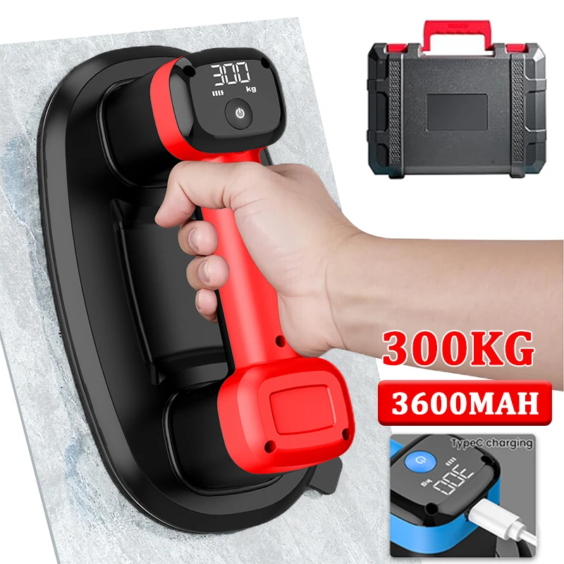Elektryczna przyssawka z dwoma silnikami, 300 kg, inteligentny wyświetlacz cyfrowy, 20 mm gumowa antypoślizgowa podkładka samoprzylepna, 3600 mAh, narzędzie do przenoszenia płytek i szkła.