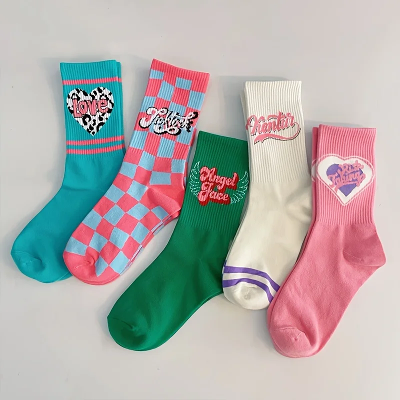 5 أزواج من الجوارب النسائية العصرية والعصرية على طراز الكلية بلون الحلوى، جوارب كاجوال مريحة بألوان الدوبامين #1