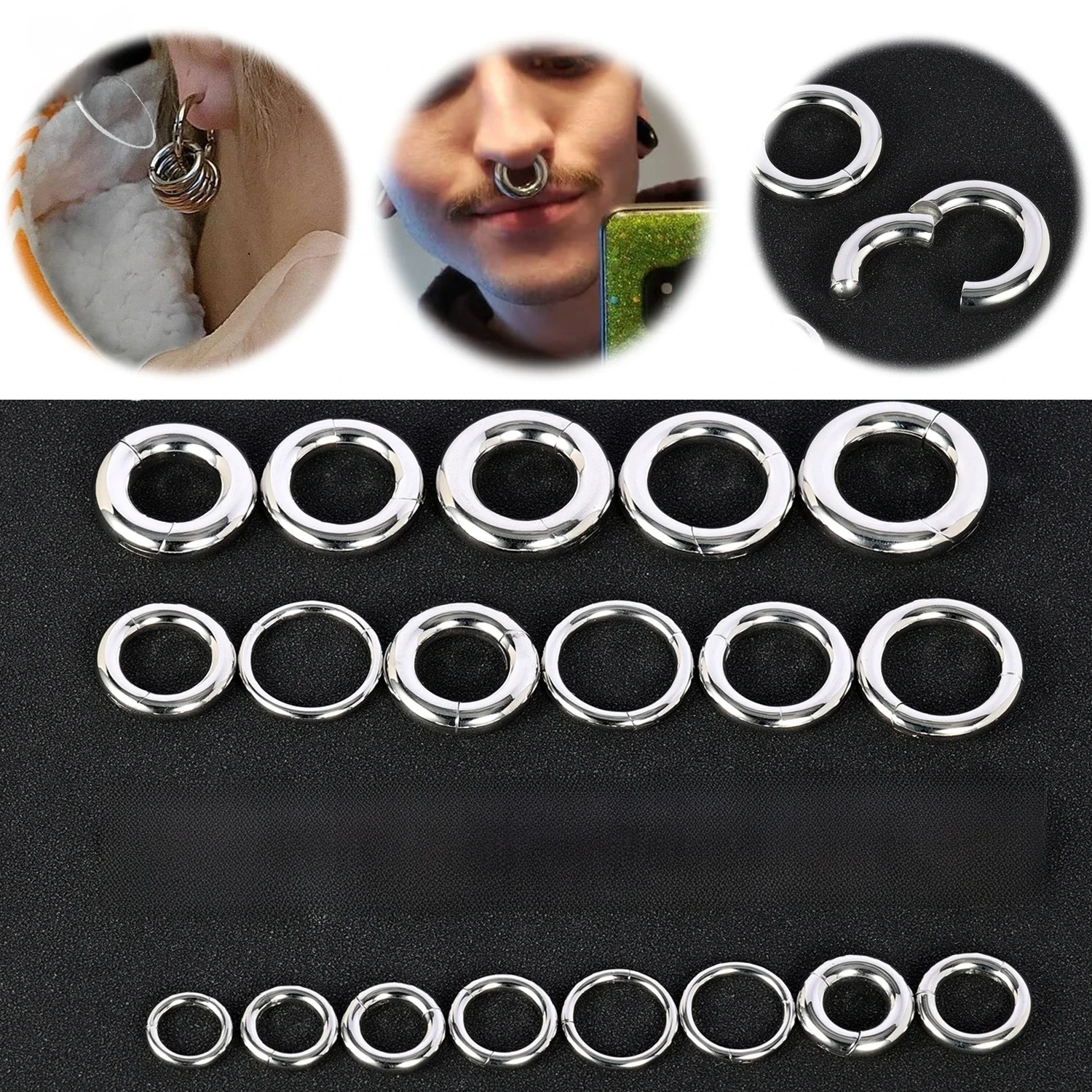 ZS 1 PC Pierścienie do uszu ze stali nierdzewnej Mierniki do uszu Srebrny kolor Nosze Pierścień przegrody Pierścień Duży kolczyk Piercing do układania w stosy — zdjęcie 2