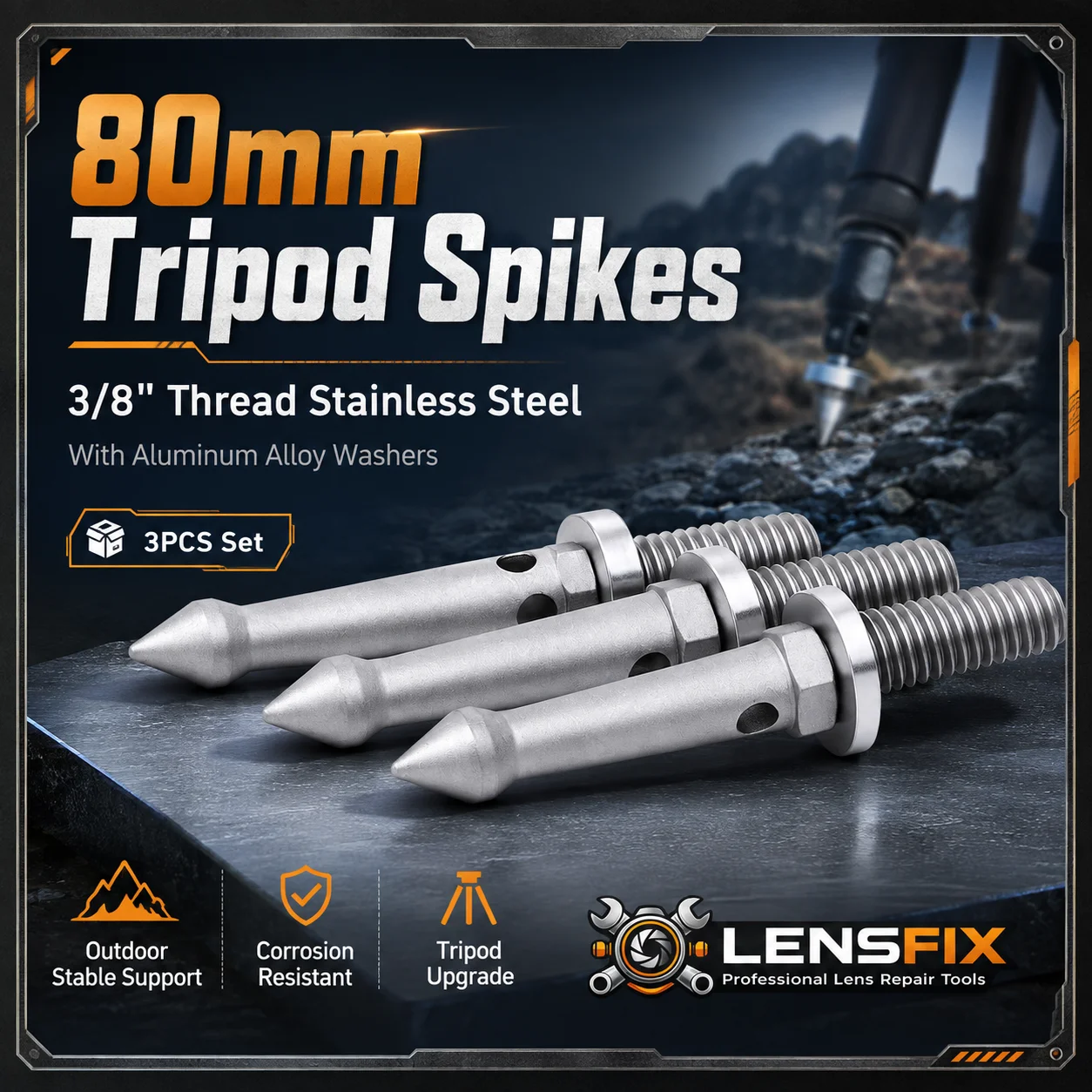 Tripod Feet Spikes 80mm 3PCS Stainless Steel 3/8 Thread Replacement Parts for Manfrotto Gitzo Benro Sirui Outdoor Shooting