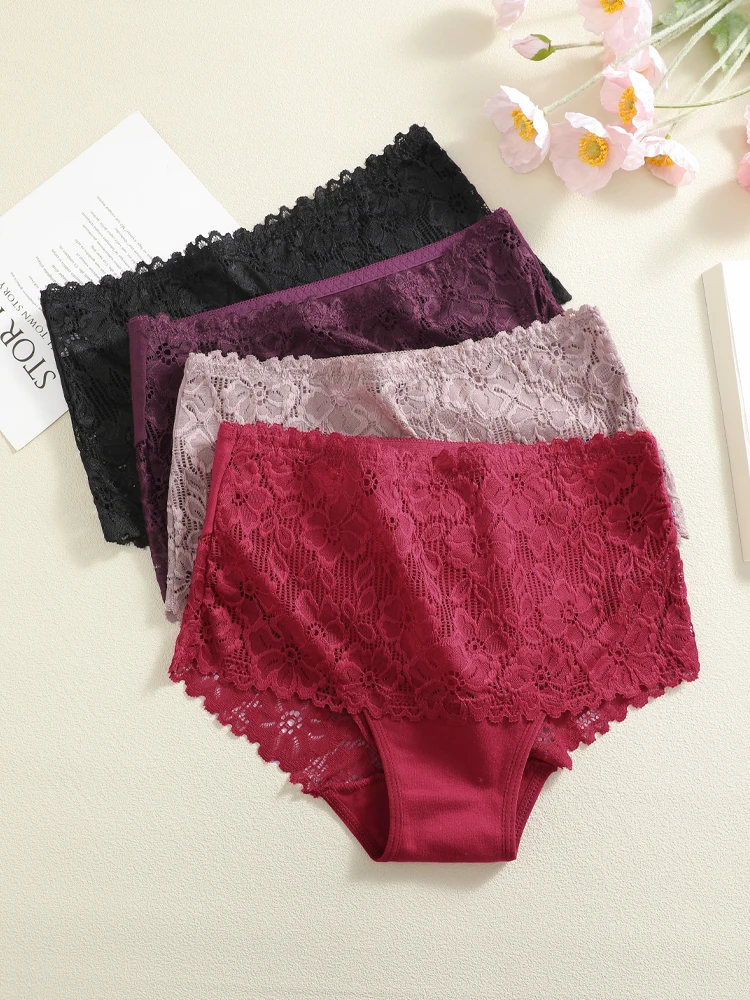 FINETOO 3Pcs Women's Floral Lace Panties High-Waist Breathable Underwear Sexy Hollow Out Briefs Big Size Comfortable Lingerie - Image 2