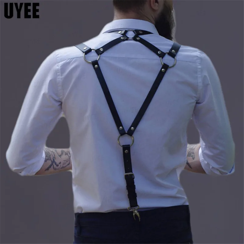 UYEE-Tirantes de cuero PU negro para hombre, liguero gótico ajustable, 3 Clips, Brace Rave Otfit Rock