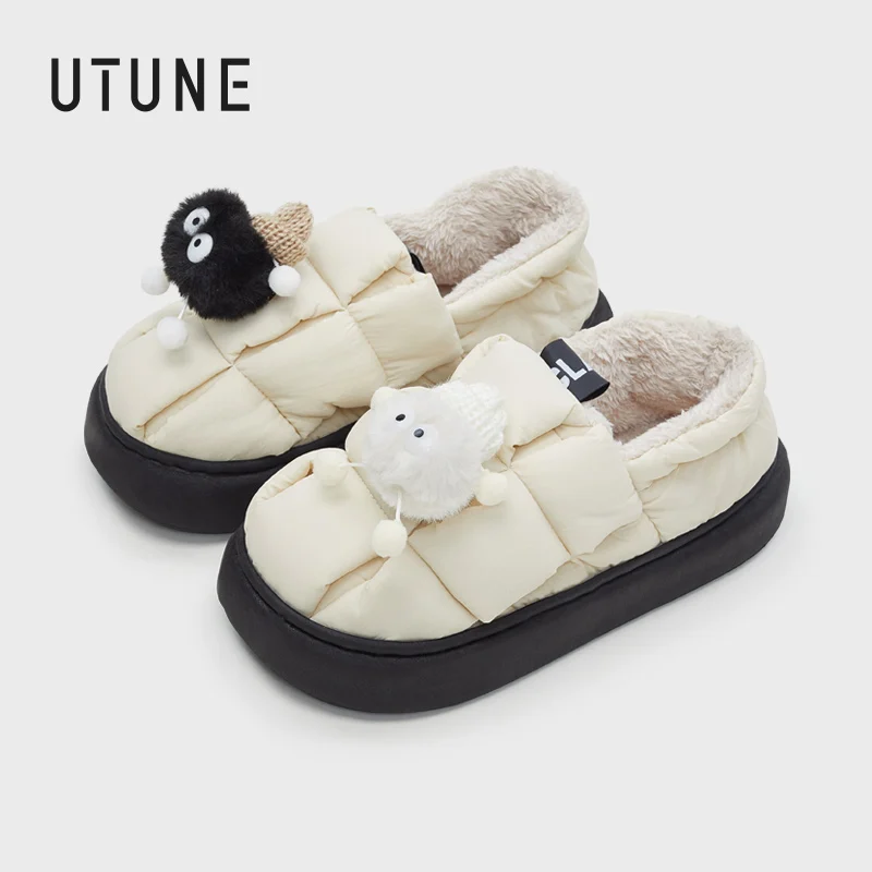 UTUNE Winter Warm Women's Slippers Cute Doll Shoe Charms Non-Slip Soft Sole Indoor Cotton Slippers Stylish Color Block Design