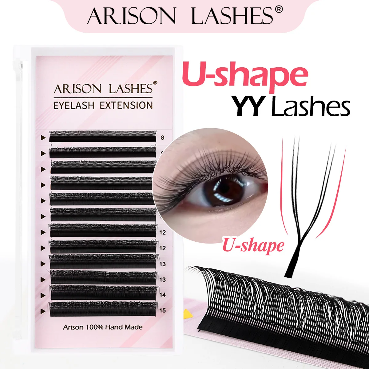 ARISON U-shape YY Lashes Double Tips Eyelash Extension 2D-Y Premade Volume Fans False Eyelashes Ultra Soft Featherlight Mink Las