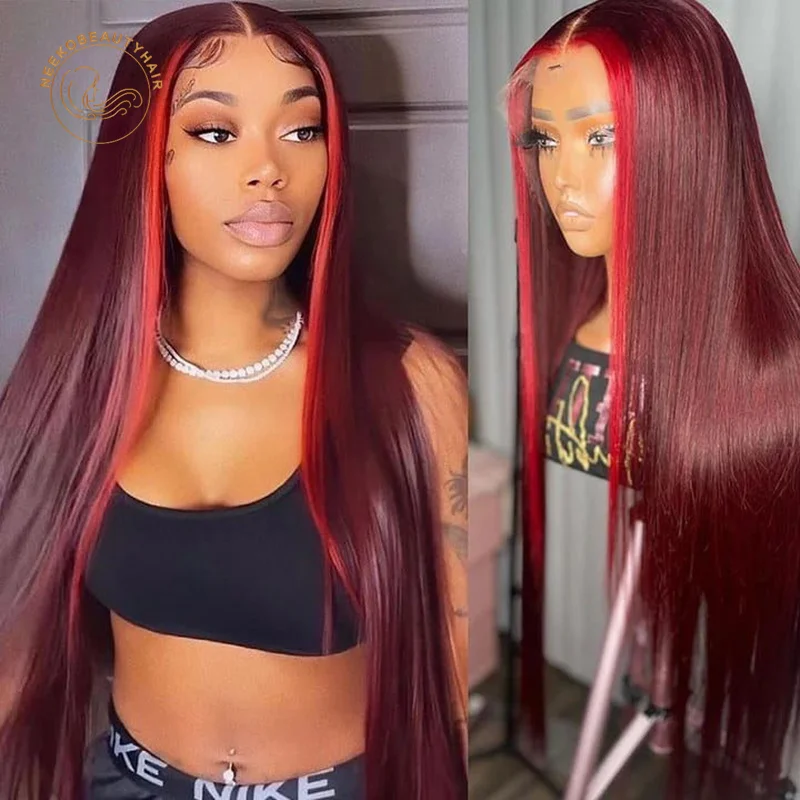 

Highlight Ombre Straight Hair 99j Human Hair Transparent Lace Front Wig Pre Plucked Stripe Lace Frontal Wigs Red Burgundy Pink