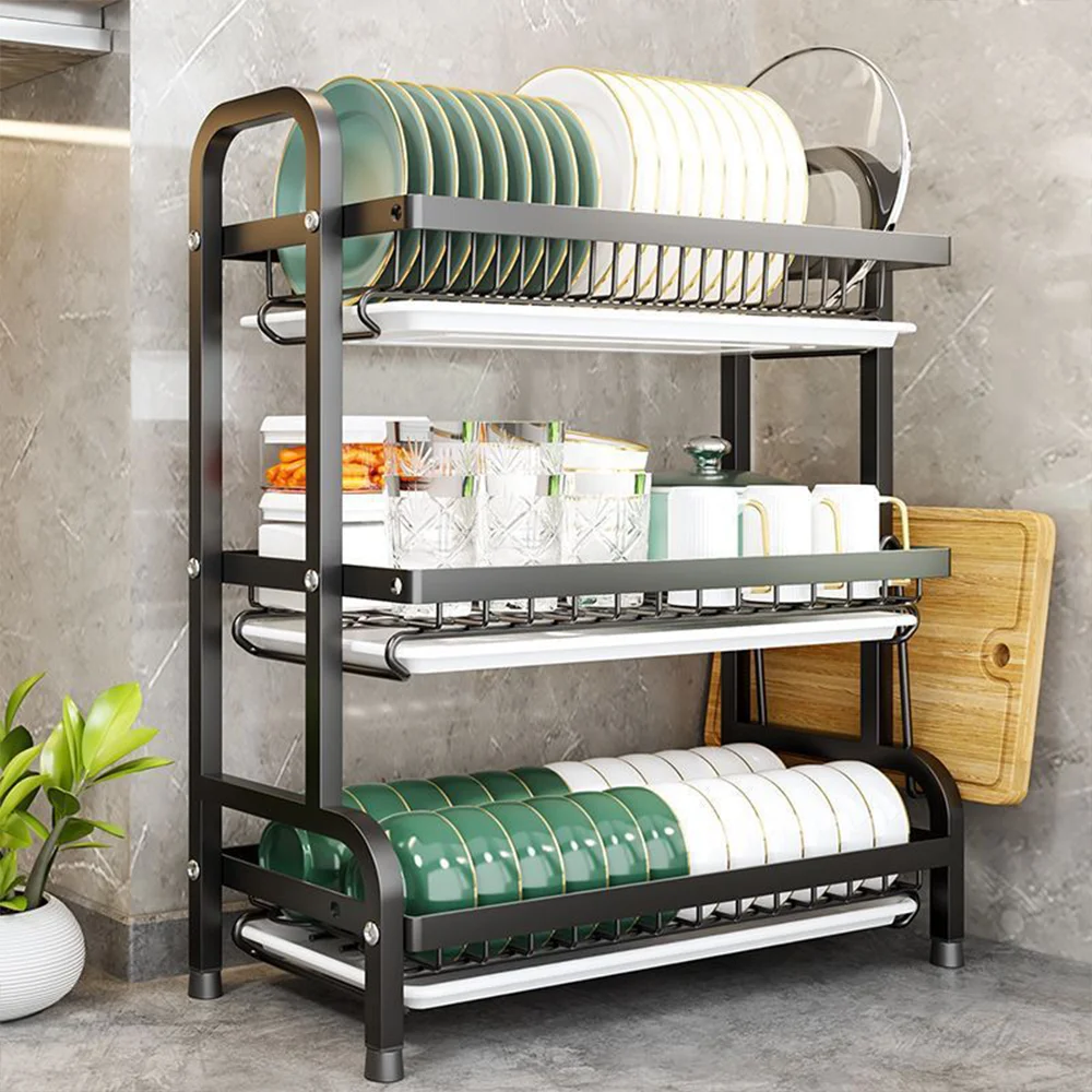 Kitchen Dish Drying Rack 3-Tier Compact Kitchen Dish Racks Drainboard Set Large Rust-Proof Drainer with Utensil Holder