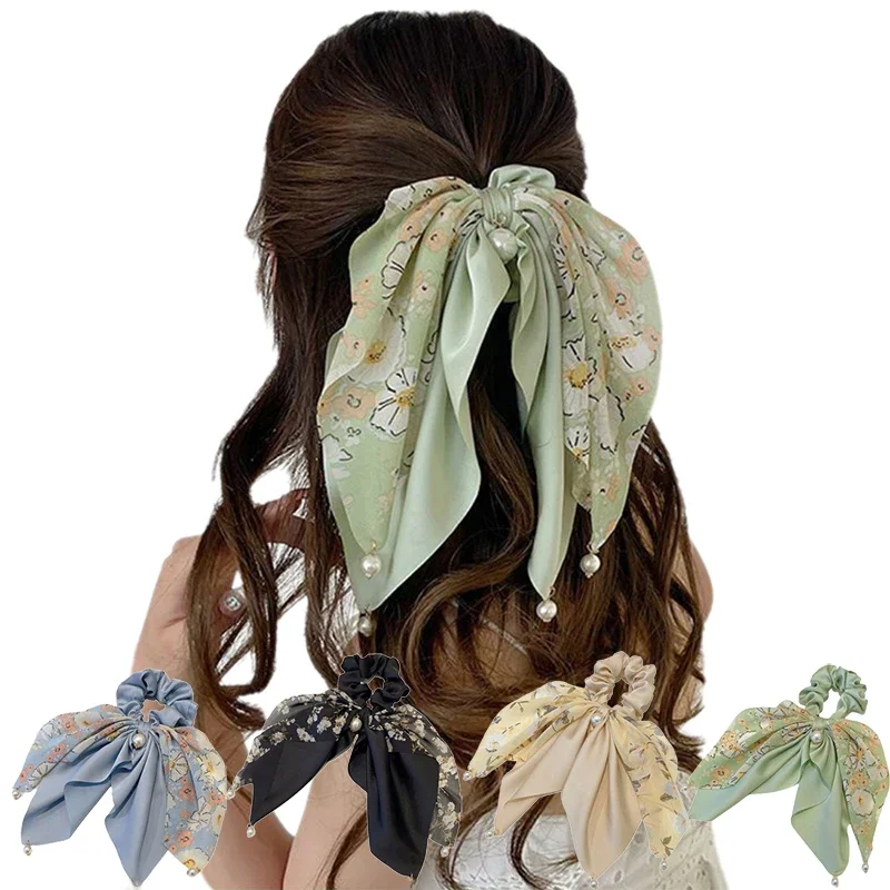 Modny nadruk kokardka Scrunchies wstążka do włosów dla kobiet elastyczne włosy perły zespół dziewczyny skrzyp polny gumki do włosów akcesoria do włosów — zdjęcie 2