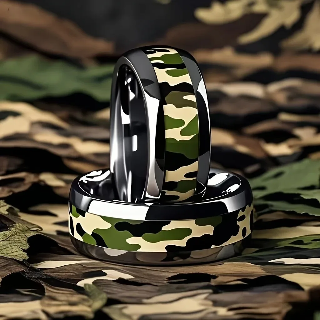 Cool 8mm Silver Color Camo Pattern Inlay Ring for Men