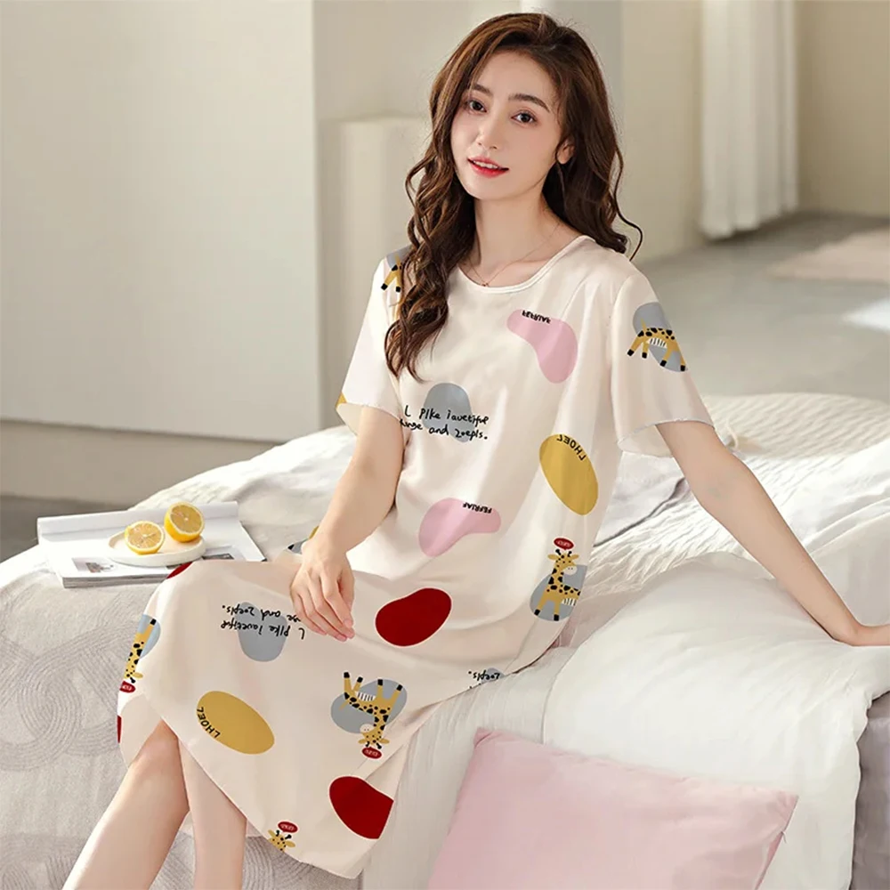 Plus Size Stretchy Loose Dress Summer Home Comfort Nightgown Energetic Wind Printed Women\'s Short Sleeve Knee-length Dresses