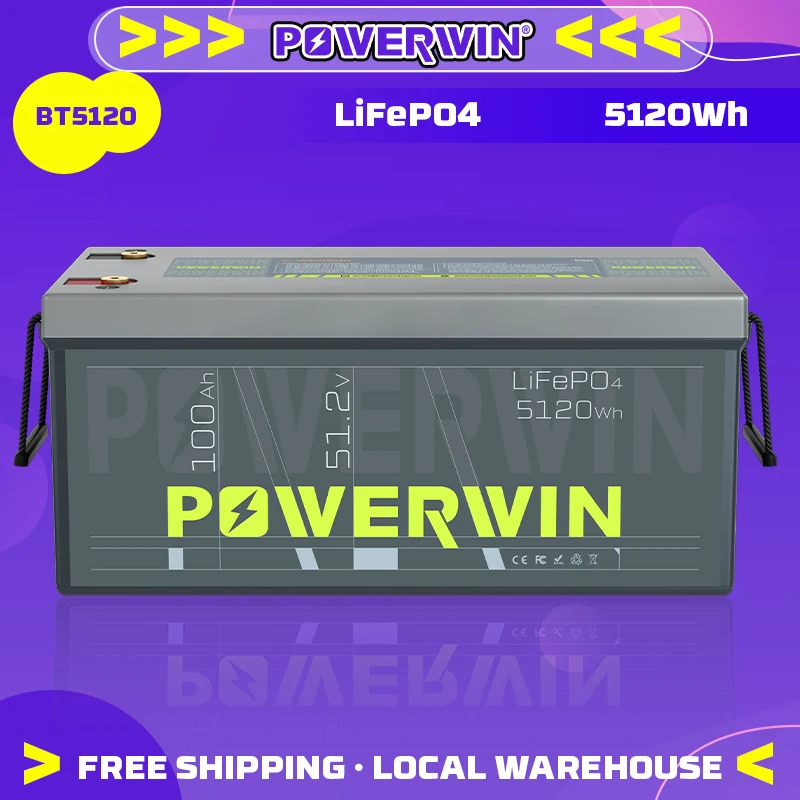 

51.2V 100Ah 5120Wh Lithium Iron Phosphate Battery POWERWIN BT5120 with BMS, Overcharge Protection for RV, Off-Road, Trolling