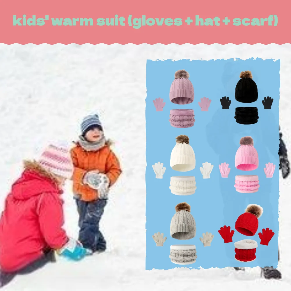 Children's thermal set including scarf + hat + gloves, winter warming equipment, multiple color options available