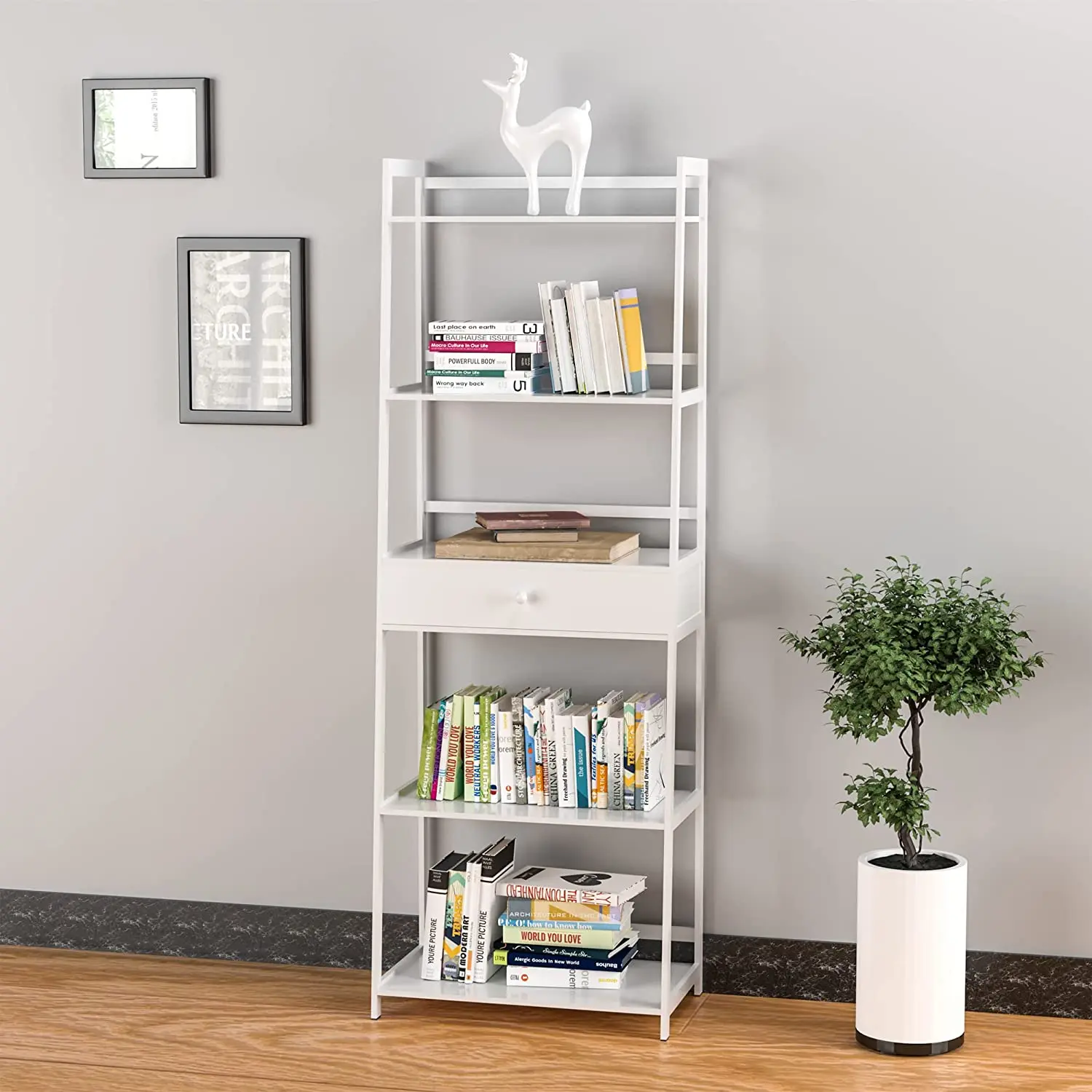 Bookshelf Ladder Shelf with Drawers 5 Tier Tall Bookcase Modern Open Book Case for Bedroom Living Room Office White/Natural