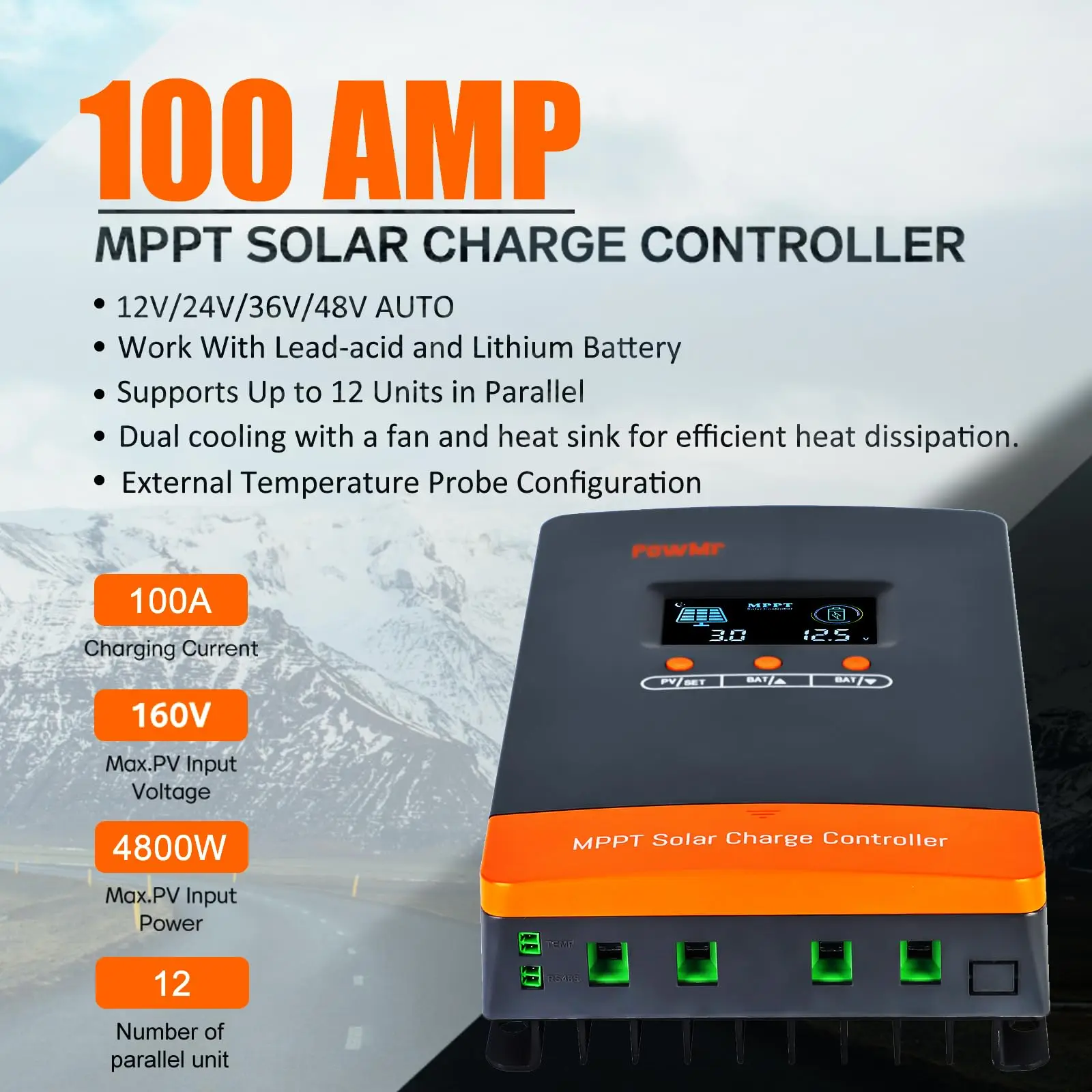 PowMr 100A MPPT Solar Charger Controller for 12V 24V 36V 48V Battery 160V Solar Panel Regulator LCD Display Can Parallel 12 Unit