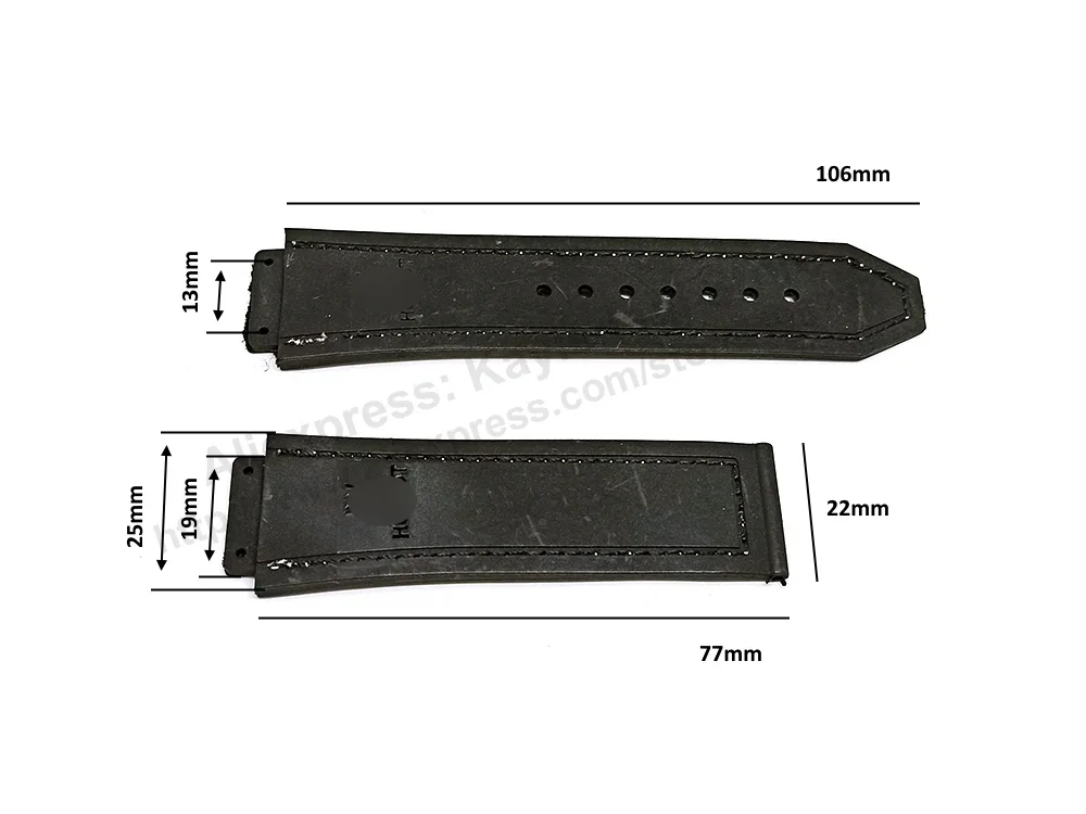 Fits/For Hublot 45mm & 48mm cases - Black - Gold Colour On Black Rubber 19mm Replacement Watch Band Strap Belt