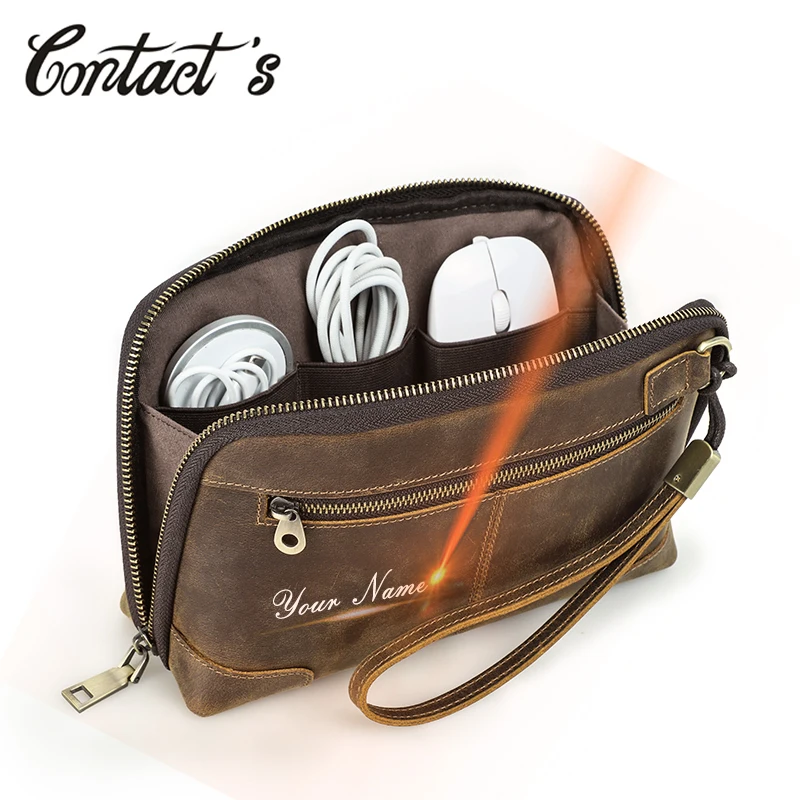 Cowhide Leather Men Clutch Bag Luxury Handbag Wristlet Male Purse USB Data Cable Storage Travel Electronic Accessories Organizer