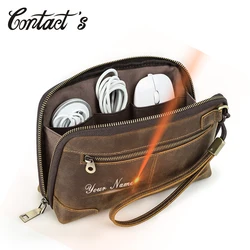 Cowhide Leather Men Clutch Bag Luxury Handbag Wristlet Male Purse USB Data Cable Storage Travel Electronic Accessories Organizer