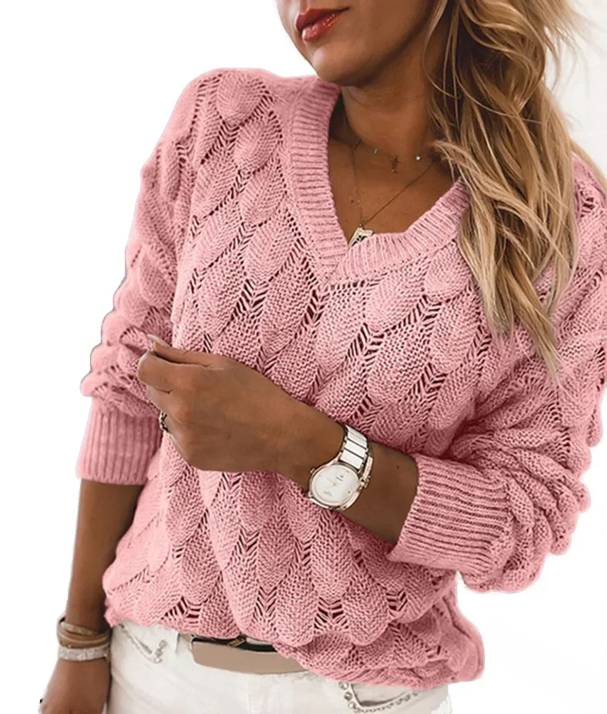 Modny sweter damski, pulower z długim rękawem, 2026, damski pulower z dekoltem w serek, ażurowy, jednolity kolor, swobodny sweter, top. — zdjęcie 2