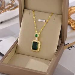 European and American style fashion retro green red zircon necklace geometric square personality ladies temperament pendant