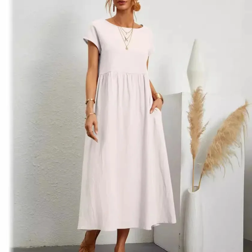 Robes longues Vintage en coton et lin pour femmes, manches courtes, col rond, poches décontractées, à la mode, élégantes, été 2025