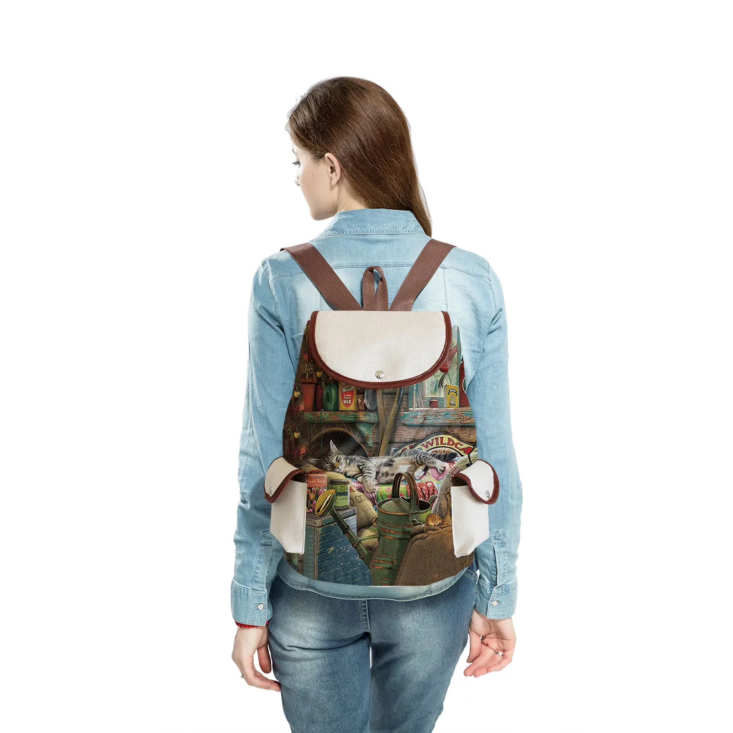 Portable Linen Backpacks For Women University Oil Painting Cat Print Women\'s Backpack Customize High Capacity Designer Backpack