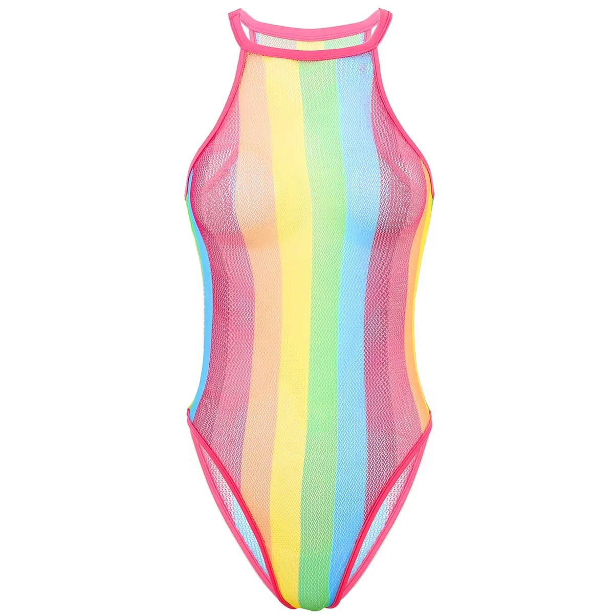 Rainbow Striped Fishnet Swimsuit Bodysuit Eco-Friendly Packing