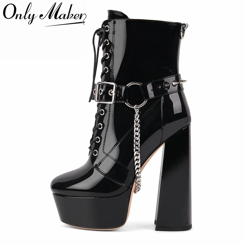 

Onlymaker Women Platform Gothic Ankle Boots Chunky Heeled Lace Up Zipper Rivet Buckle Metal Chain Patent Leather Ankle Boots