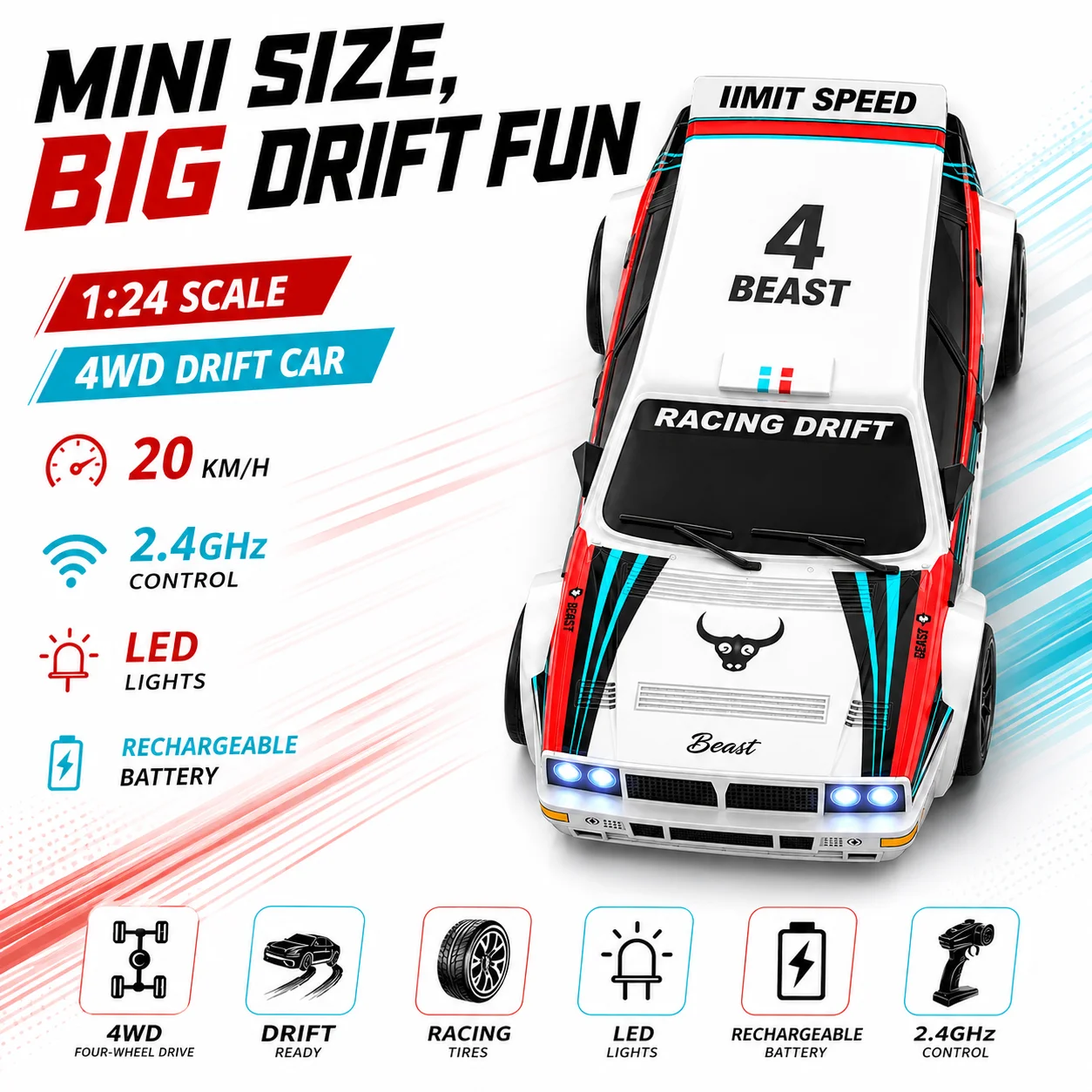 RC Auto 2026 Neuestes Modell 1:24 Maßstab Hochgeschwindigkeits-Drift-Auto mit variabler 4WD-Antrieb und Lichtern, ferngesteuertes Rennspielzeugmodell zum Selberbauen
