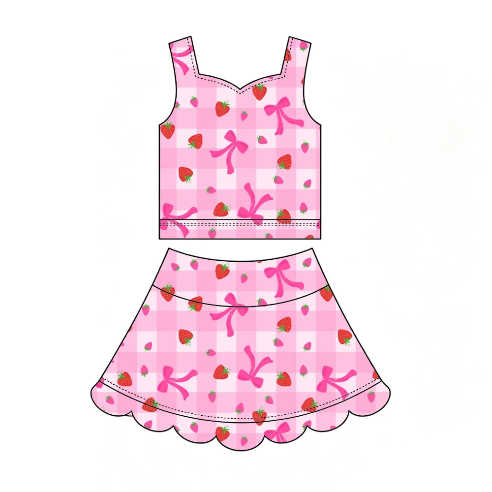 Boutique Hot-selling girls' outfit tank top paired fan-shaped short skirt and bow fruit butterfly print custom wholesale