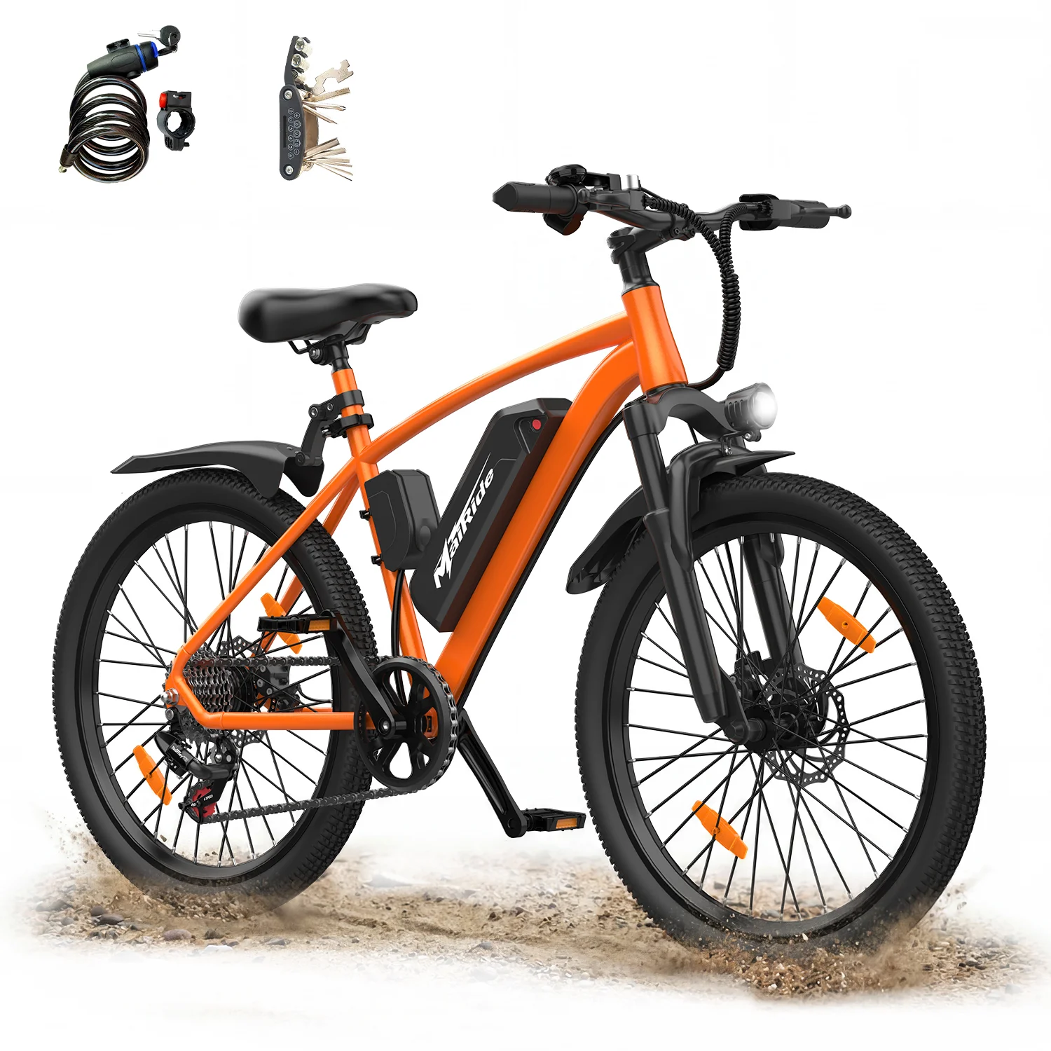 Elektrofahrrad für Erwachsene MAIRIDE Q7-Orange, 250W Spitzenmotor E-Bike mit 36V 10Ah herausnehmbarem Lithium-Akku, 7-Gang-Schaltung, Vorderradaufhängung, 25KM/H Höchstgeschwindigkeit