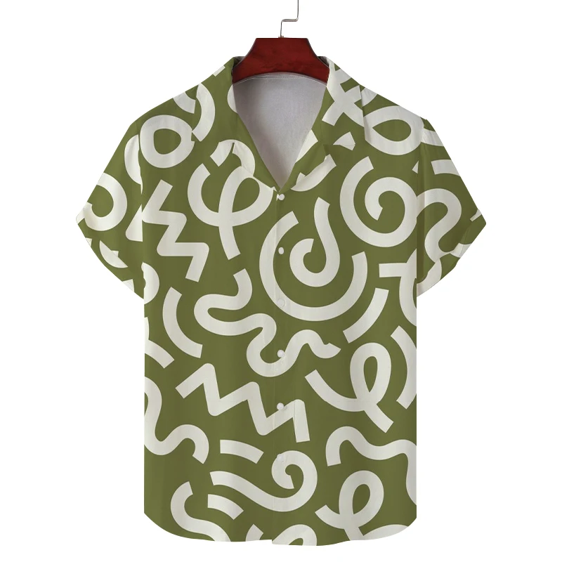 Men's summer Cuban collar short-sleeved shirt with special symbol line print men's shirt comfortable, breathable and versatile