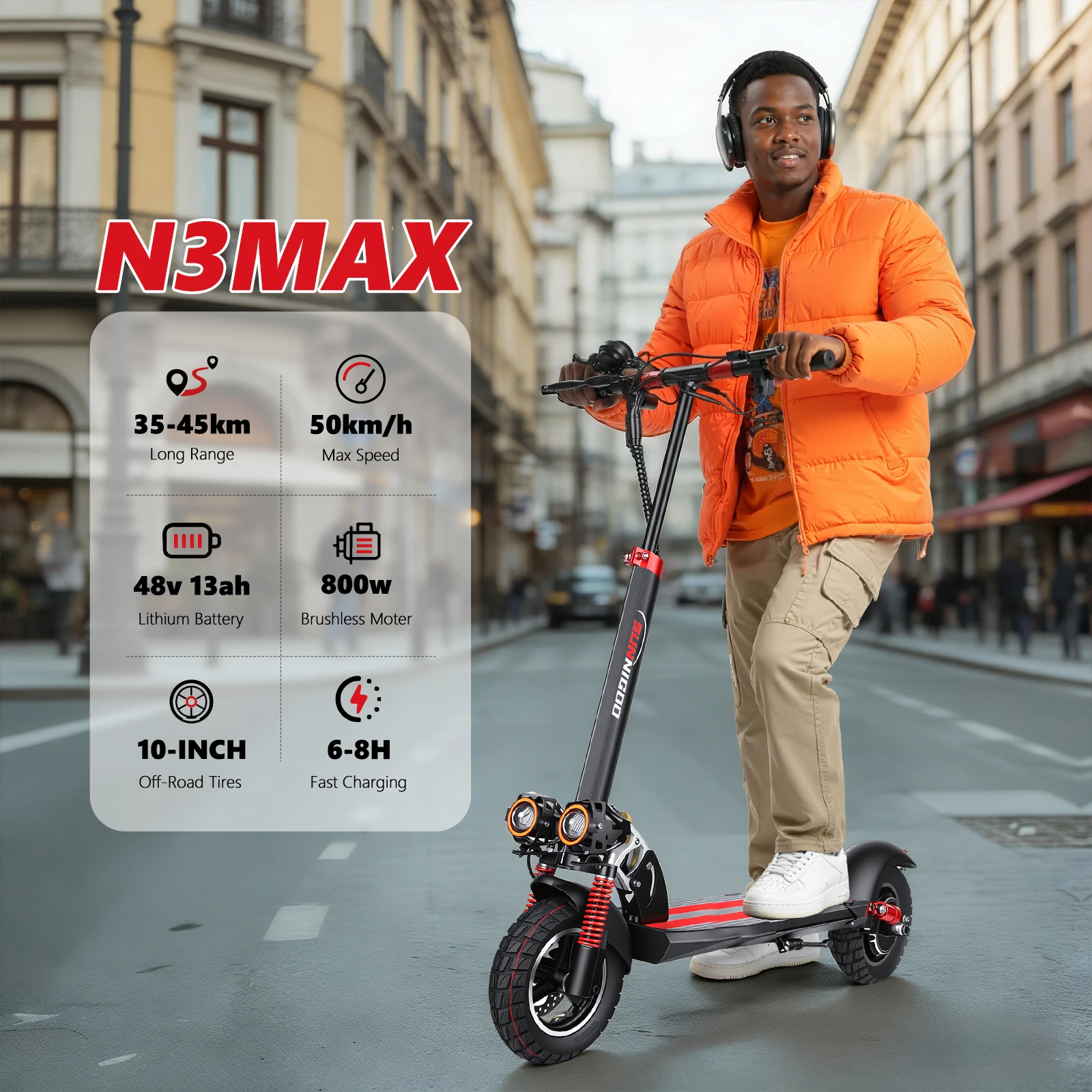 Sunnigoo N3max -Patinete Eléctrico 800W, 48V, Neumático Todoterreno De 10 ", Velocidad Máxima, Rango De 50 Km/H, 35-45Km, Escooter Plegable Con Doble Absorción De Impacto