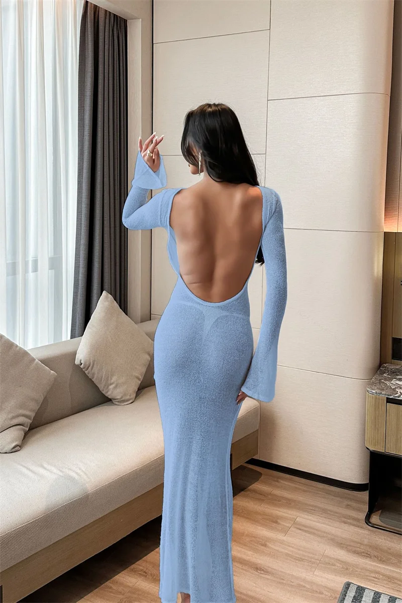 우아한 긴팔 시스루 니트 드레스 섹시한 백리스 크로셰 비키니 커버업 슬림 시스루 솔리드 수영복 (여름용)