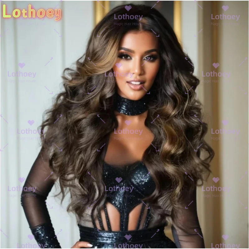Glueless Brazilian Human Hair Wig - Dark Brown to Honey Blonde Ombre Lace Front with Natural Highlights, Body Wave Texture,Natur