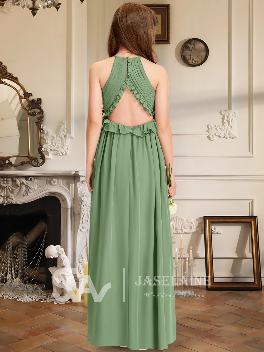 Um elegante azul marinho a linha halter até o chão chiffon júnior vestido de dama de honra vestido da menina de flor meninas festa de casamento formal crianças