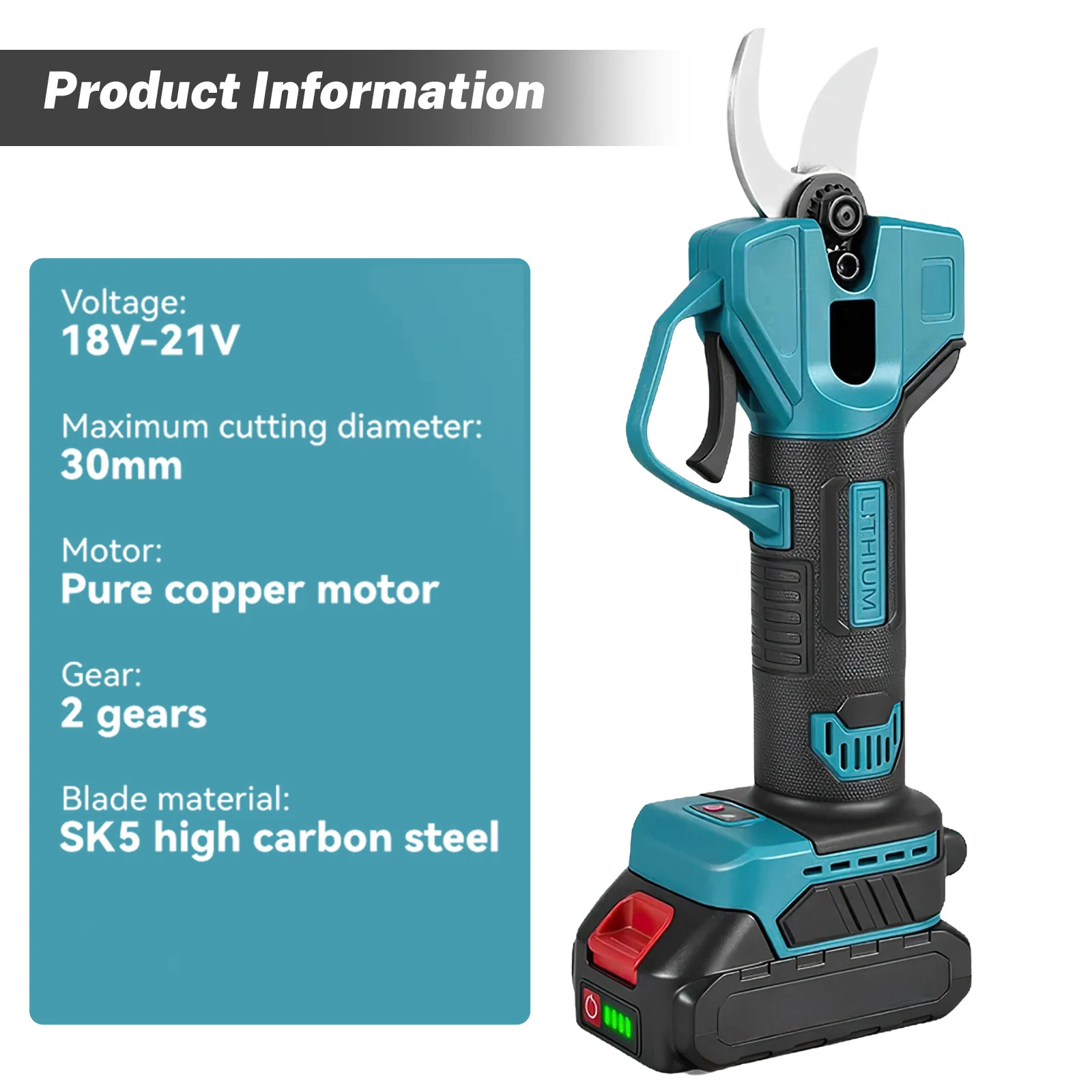 2-Gang 30MM Akku-Elektroschere für Obstbäume, Bonsai-Schneidegerät, Gartenschere, Elektrowerkzeug für Makita 18V Akku – Detail 4