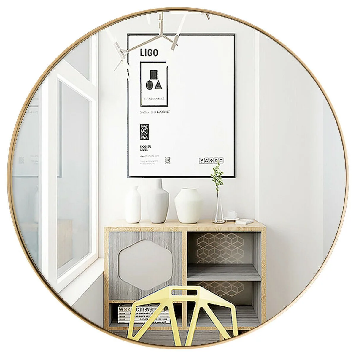 

27.5" Modern Metal Wall-Mounted Round Mirror for Bathroom Entryway Gold