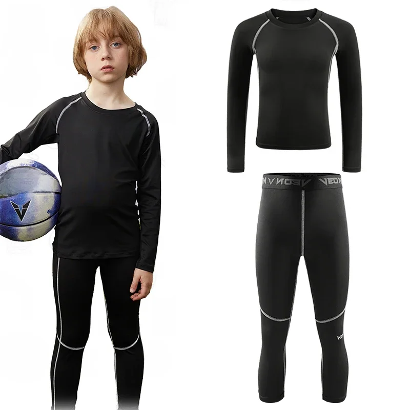 Un ensemble de Leggings et chemise de Compression pour jeunes garçons, collants de sport à manches longues, couche de Base pour course à pied et basket-ball