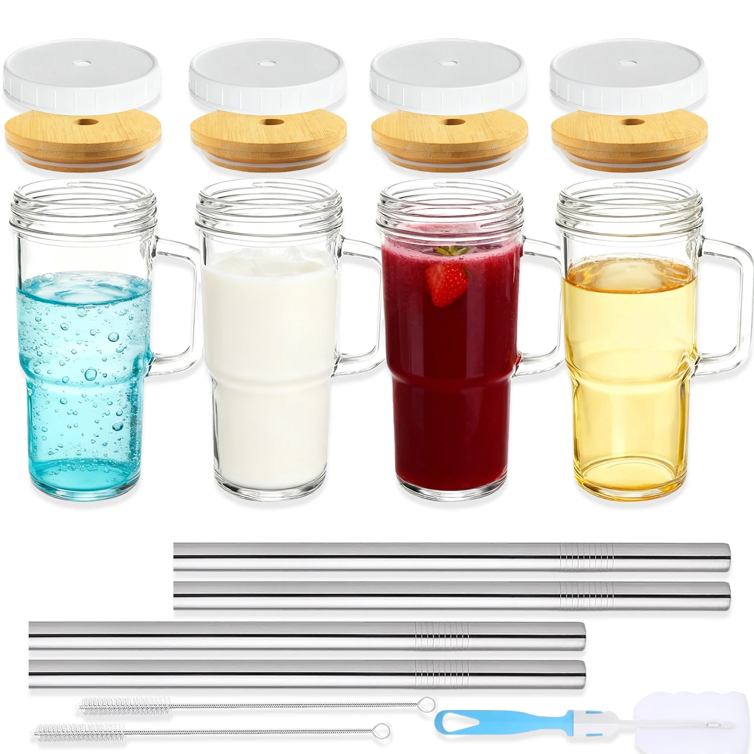 

Набор из 4 стеклянных стаканов объемом 31,5 унций с крышками, трубочками и ручками, 19 предметов, многоразовые дорожные кружки для холодного кофе и чая боба