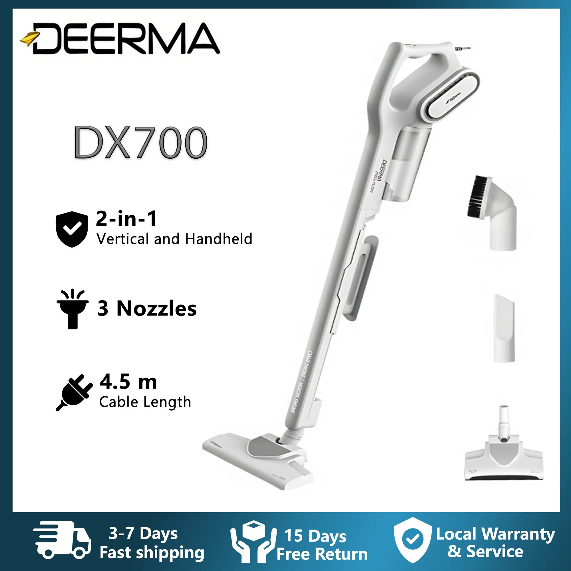 Aspiradora Deerma DX700 180 °   Aspiradora 2 en 1 con 3 Cepillos Giratorios, 600W, 15000Pa de Succión Potente para Pelo de Mascotas, Hogar y Auto