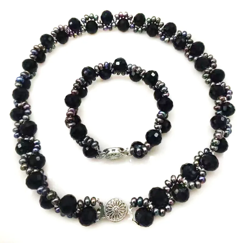 16 inches Double Rows 4-5mm Black Pearl & Facet Crystal Necklace Jewelry Set