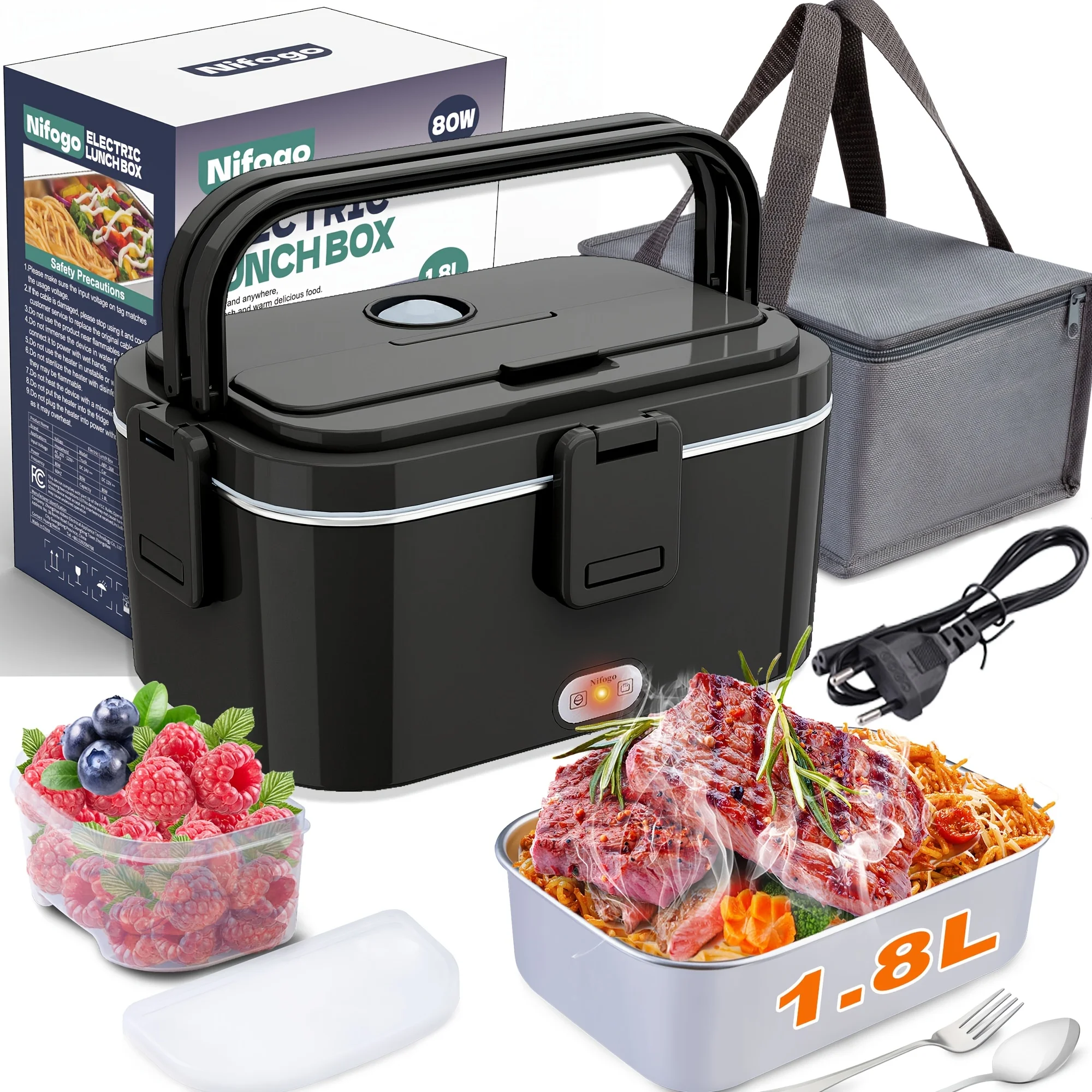 Lonchera eléctrica portátil de 80W con temperatura ajustable para adultos, con bolsa.