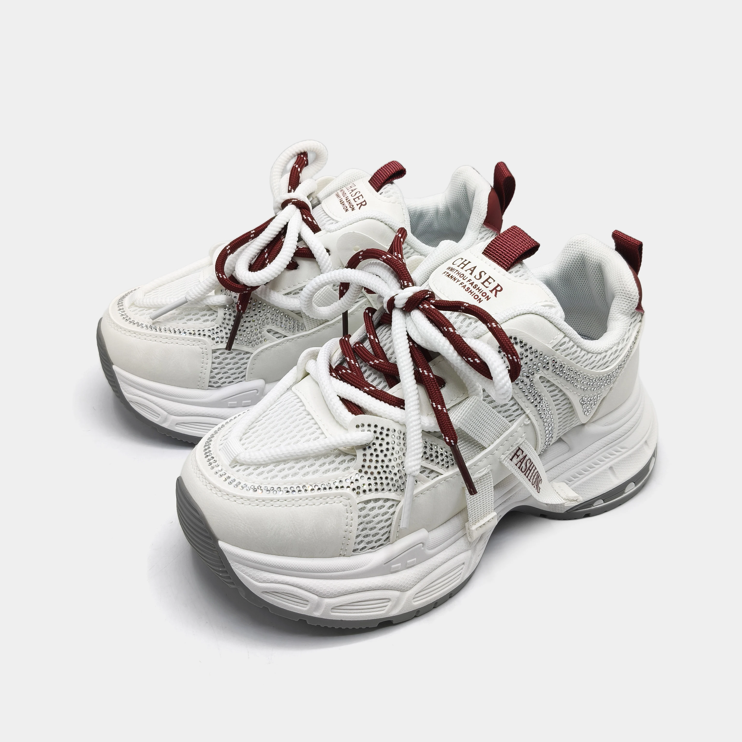 Baskets Chunky Blanches pour Femme, à Strass, en Maille, à Lacets, à Plateforme, Respirantes, à Semelle Épaisse, Décontractées et Tendance