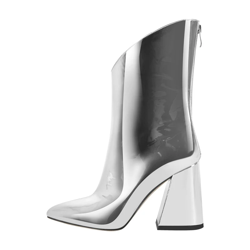 Onlymaker Women Silver Metallic Leather Chunky Heel Ankle Boots Big Size Fashion Zipper Booties