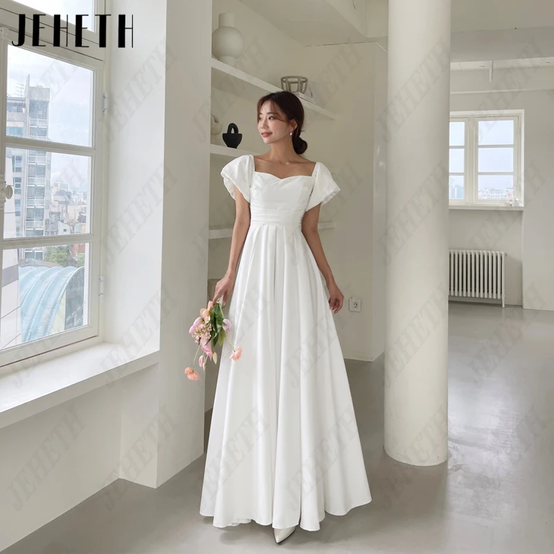 JEHETH Sweetheart Puff Sleeve Korea Wedding Dress Women A-Line Simple Satin Bridal Gown Ankle-Length Photography 웨딩드레스 Backless