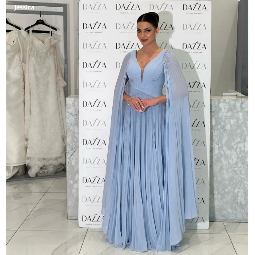 

Jessica Pleated Shawl Evening Dresses Sky Blue Chiffonr Prom Dresses A-Shape Ladies Formal Evening Party Dresses Customized