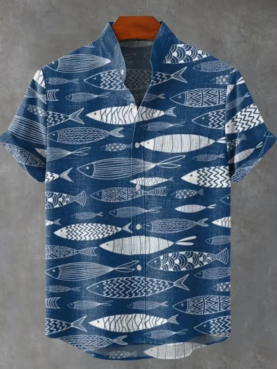 Новая мужская рубашка из льняной удобной ткани с короткими рукавами и принтом рыбы в стиле ретро в этническом стиле, быстрая доставка