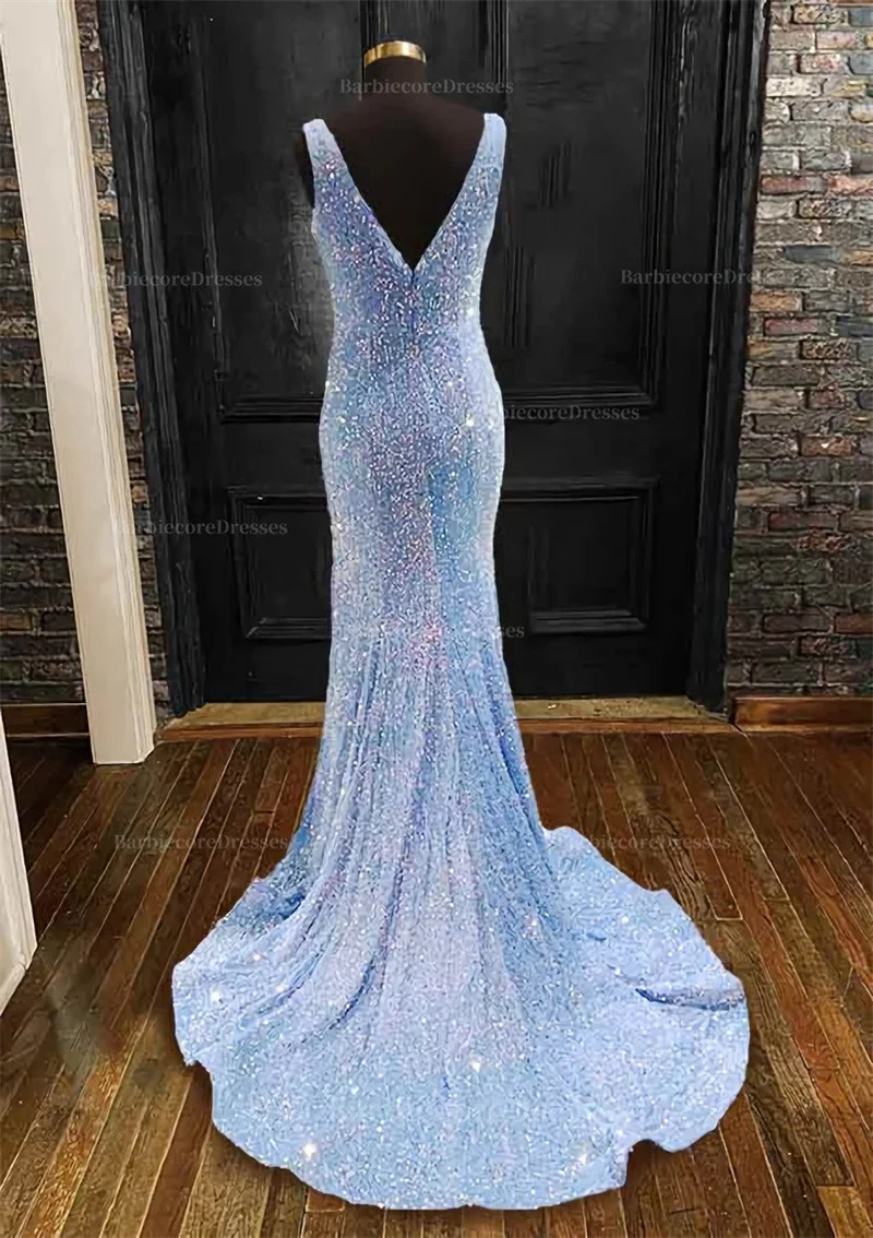 Women\'S Sequin Mermaid Long Evening Dress Sexy V Neck Spaghetti Strap Backless Prom Dresses Shiny Party Cocktail Gown