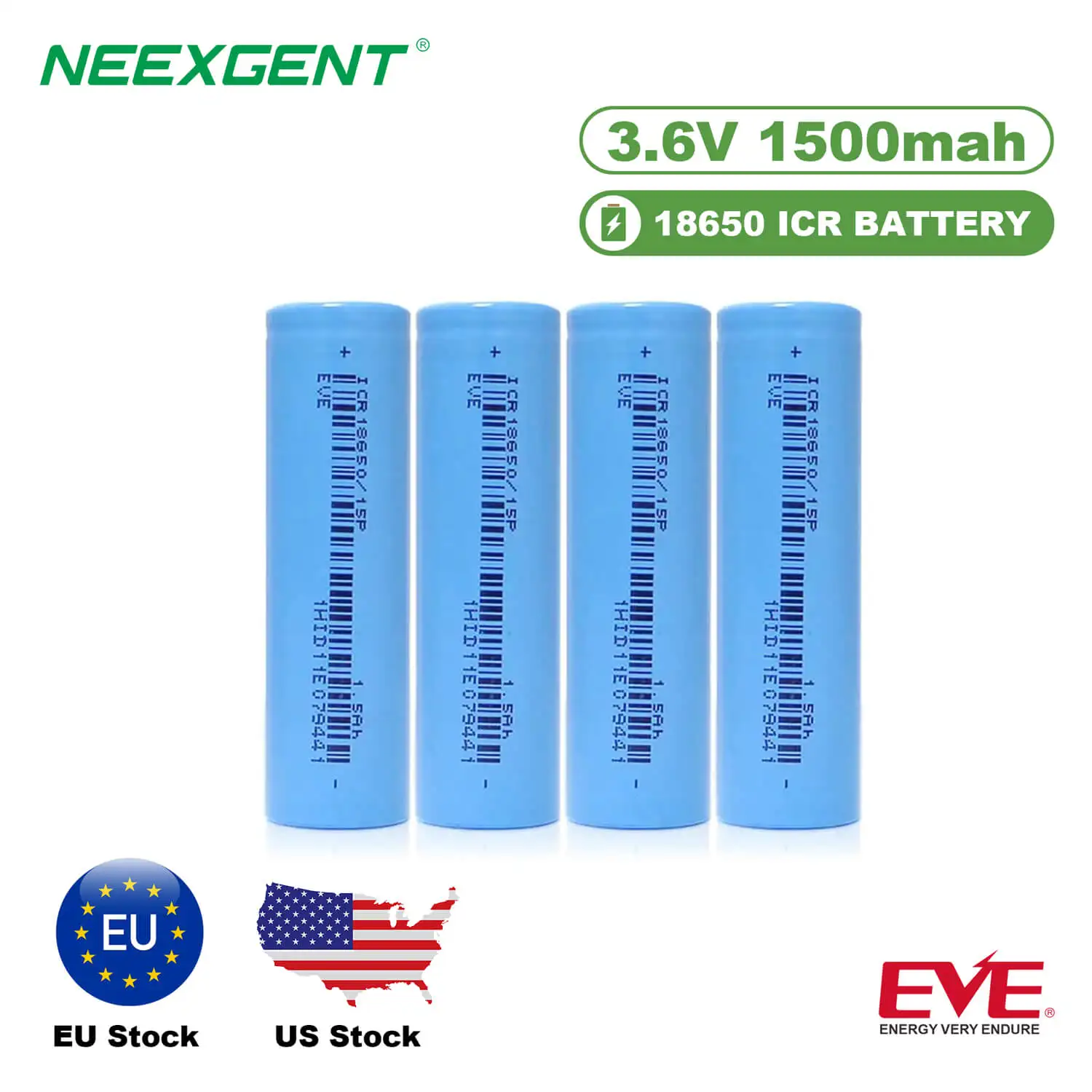 Eu Stock 100pcs EVE 18650 3.7v 1500mah Cylindrical Lithium Battery for Power Supply