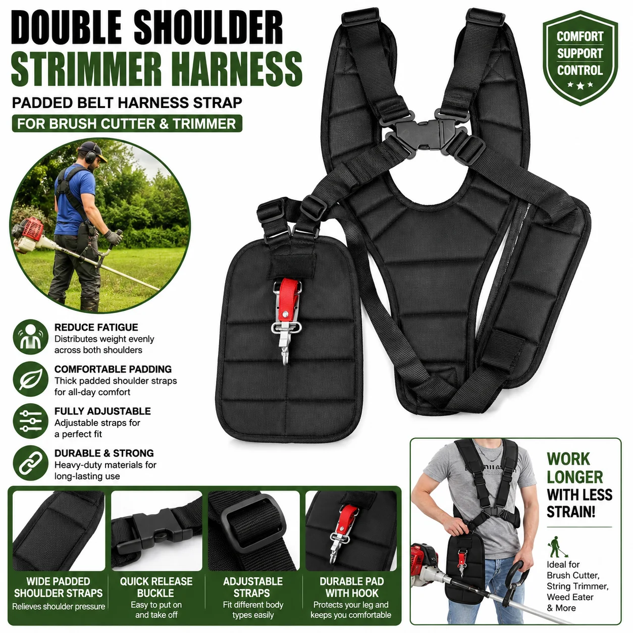 Double Shoulder Padded Harness Strap Adjustable Heavy Duty Support Belt for Brush Cutter String Trimmer Weed Eater Strimmer